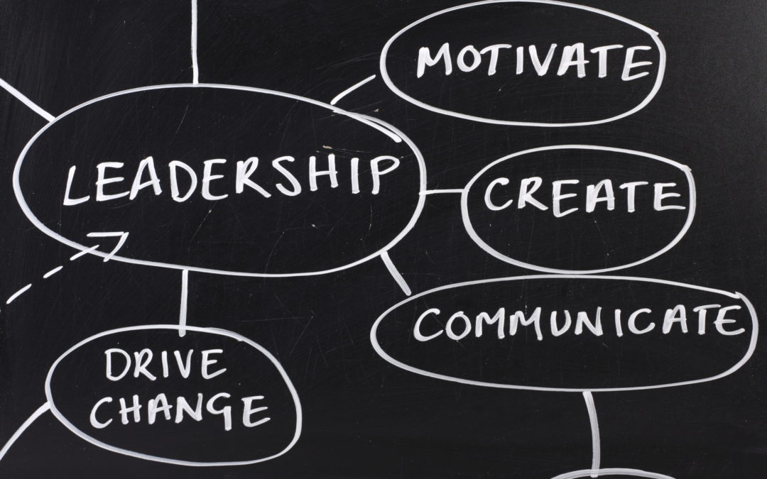 Words that define good leadership written on a board