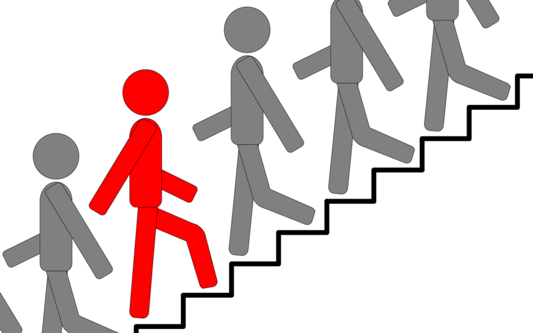 Resistance depicted by showing a person walking up stairs while all the others are walking down
