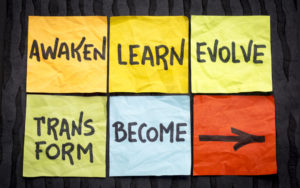Change readiness process depicted as steps outlines on sticky notes: Awaken, Learn, Evolve, Transform, Become